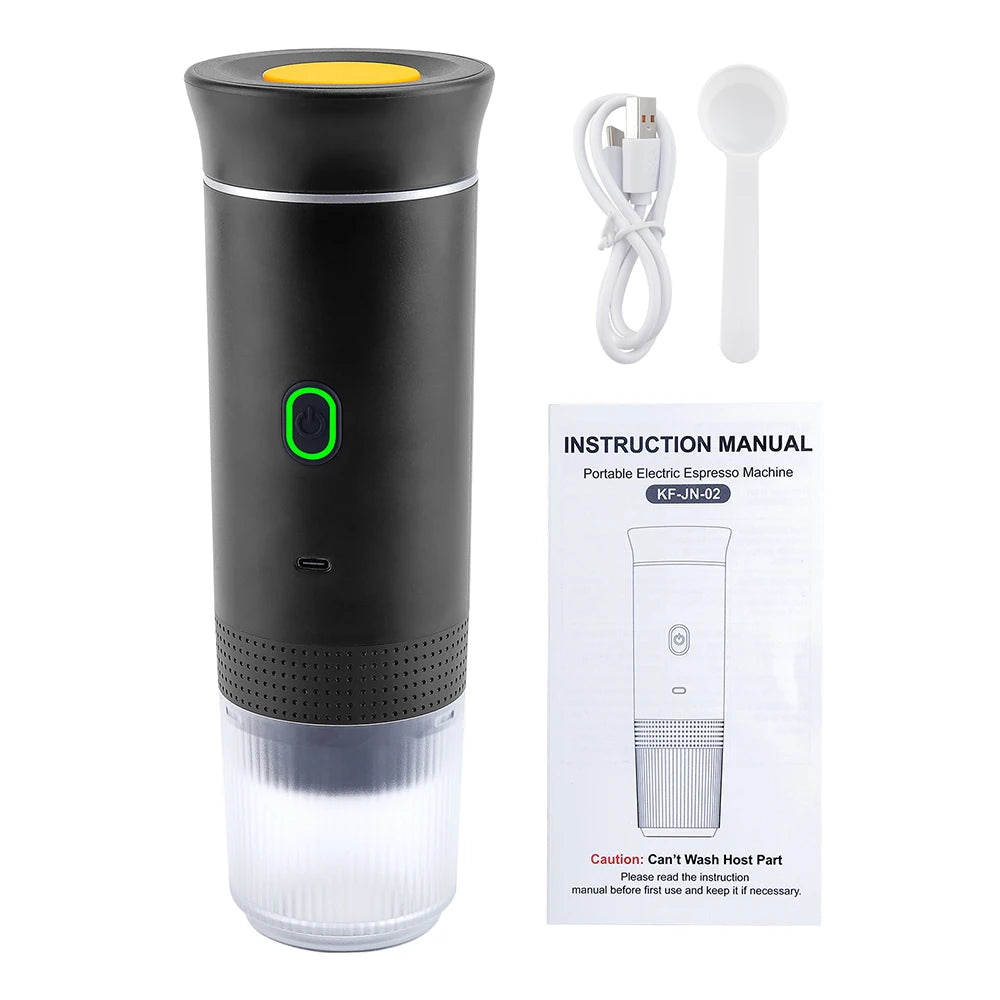 Wireless portable espresso coffee machine by BackupMyFilesNow.com, black, compact design for car, home, and camping use.
