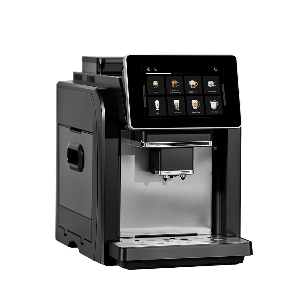 Black Mcilpoog WS817 7-inch automatic espresso machine with milk frother and 21 flavor options for home or office use.