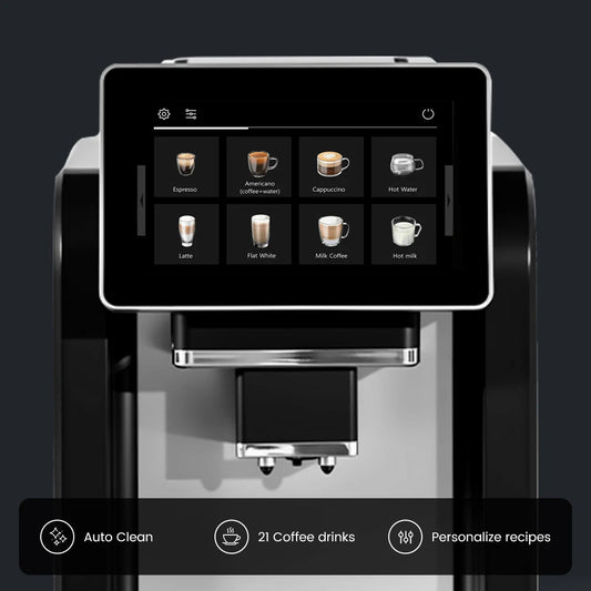 Black Mcilpoog WS817 7-inch automatic espresso machine with milk frother and 21 flavor options for home or office use.