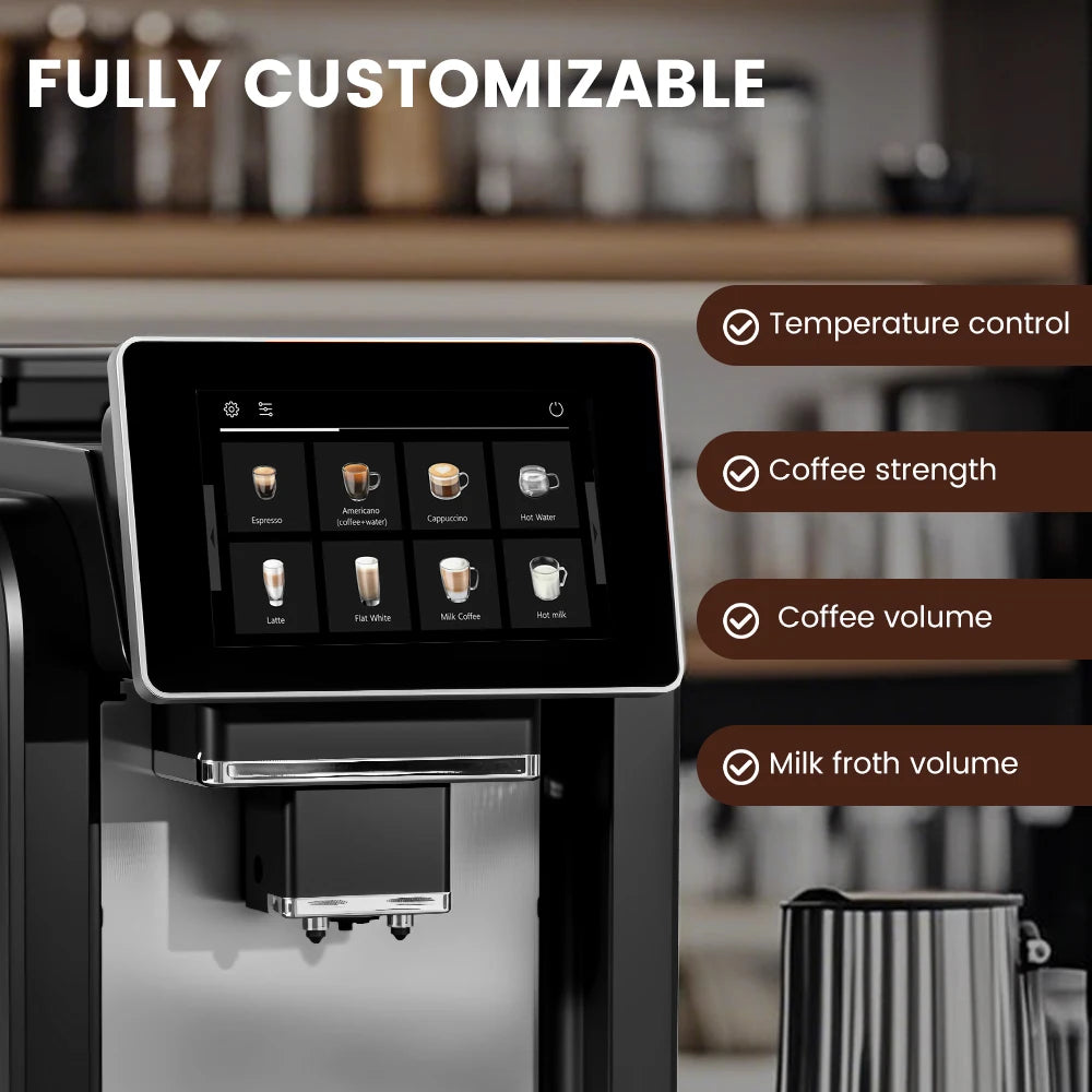Mcilpoog WS817 7-inch automatic espresso machine with milk frother and 21 flavor options, black color for home and office use
