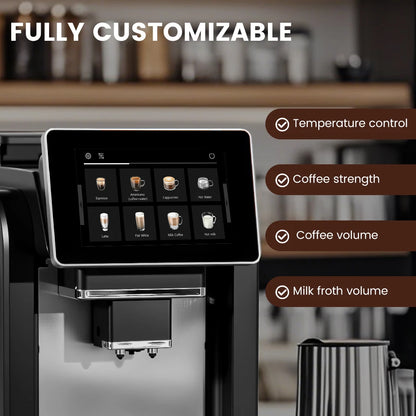 Mcilpoog WS817 7-inch automatic espresso machine with milk frother and 21 flavor options, black color for home and office use