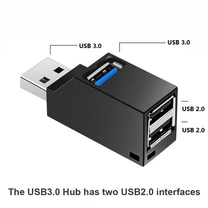 Black USB 3.0 hub adapter with 3 ports, compact splitter box for PC laptops, USB 2.0 high-speed data transfer, card reader compatible