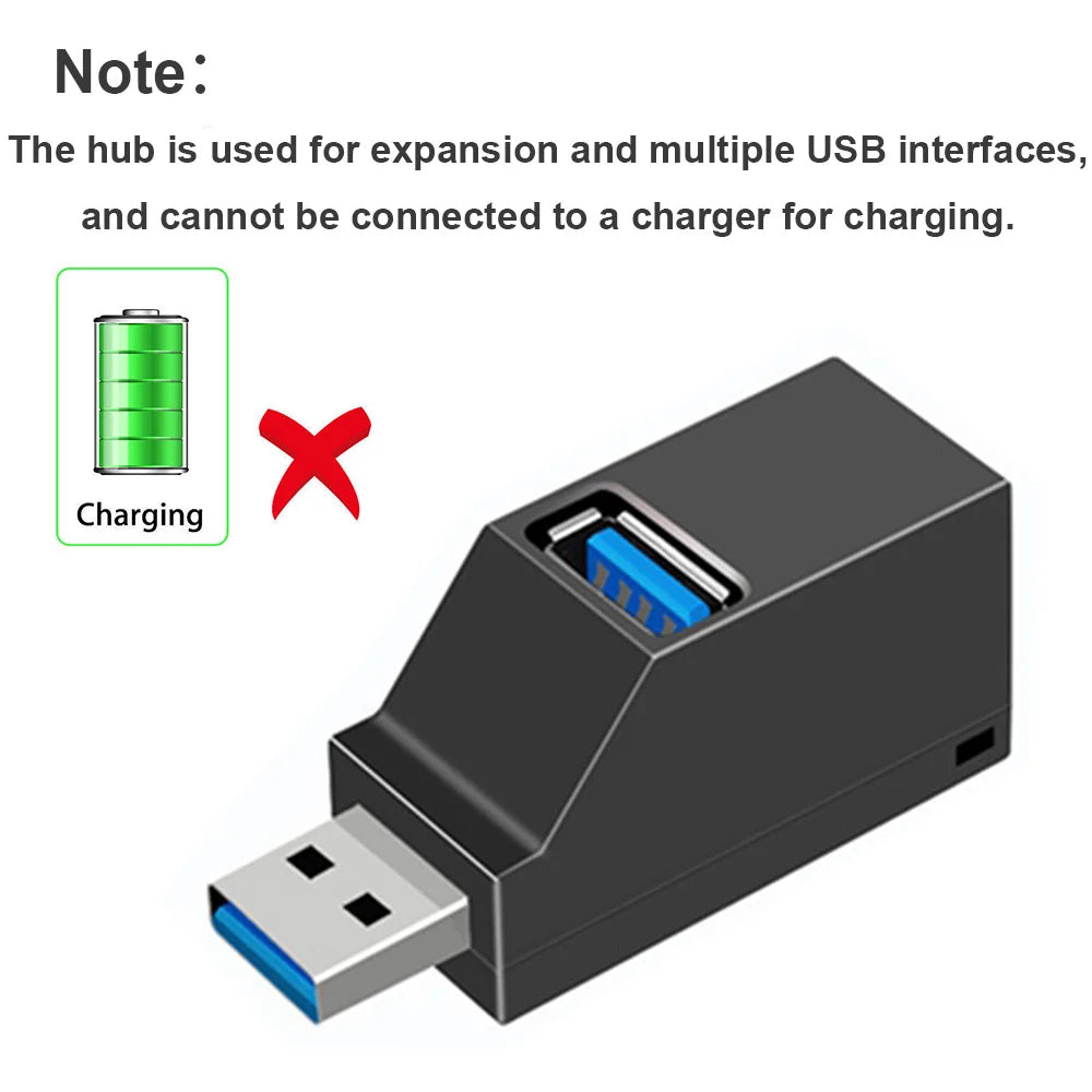 Black USB 3.0 hub adapter with 1 to 3 ports, high-speed USB 2.0 splitter for PC, laptop, U disk, and card reader.