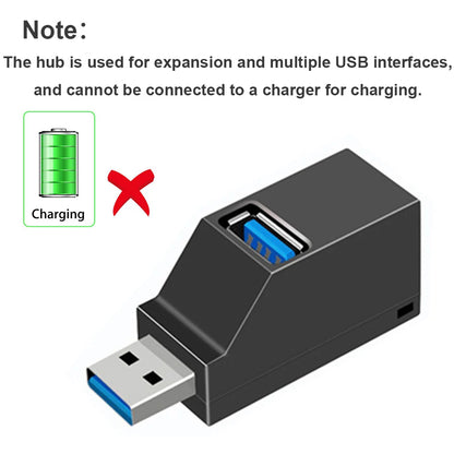 Black USB 3.0 hub adapter with 1 to 3 ports, high-speed USB 2.0 splitter for PC, laptop, U disk, and card reader.