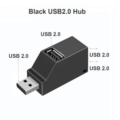 Black USB 3.0 hub adapter with 1 to 3 ports, high-speed USB 2.0 splitter for PC and laptop, includes U disk and card reader slots.