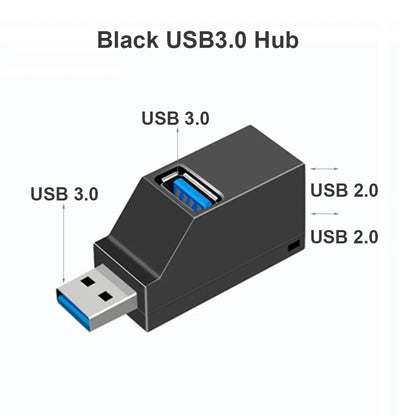Black USB 3.0 hub adapter with 1 to 3 ports, high-speed USB 2.0, connected to a laptop for data transfer and device extension.