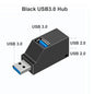 Black USB 3.0 hub adapter with 1 to 3 ports, high-speed USB 2.0, connected to a laptop for data transfer and device extension.