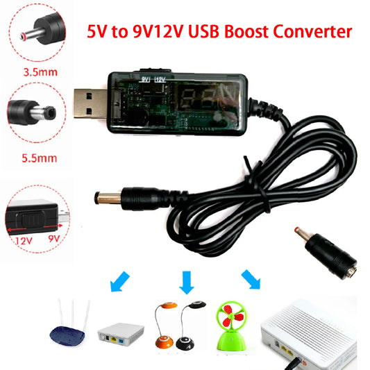Black USB boost converter cable from BackupMyFilesNow.com, steps up 5V to 9V or 12V with 3.5x1.35mm connector for power supply.