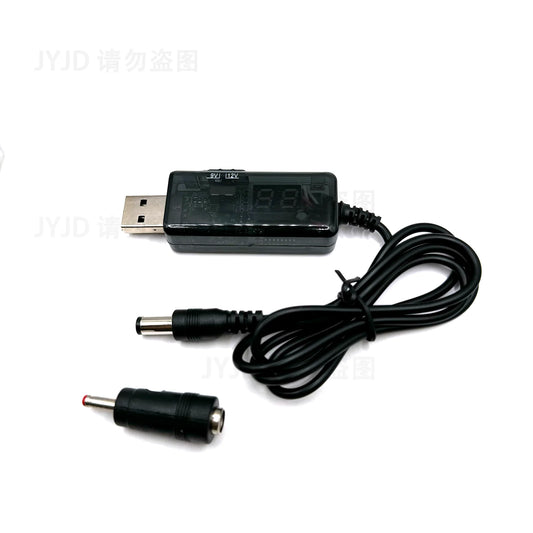 BackupMyFilesNow USB Boost Converter cable showing 5V to 12V step-up power converter with 3.5x1.35mm connector for electronics.