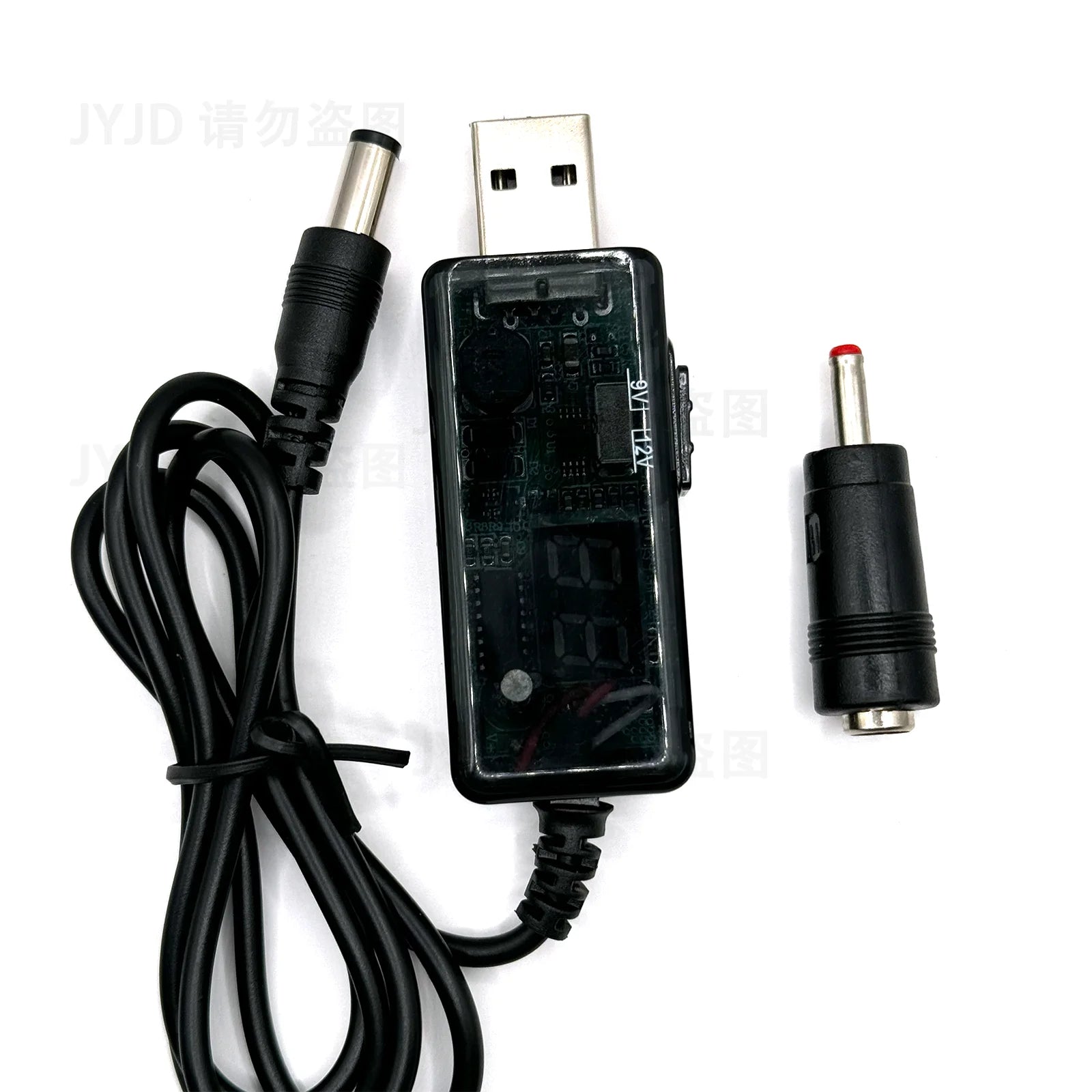 BackupMyFilesNow USB Boost Converter cable showing DC 5V to 12V step-up converter with 3.5x1.35mm connector, for power supply.