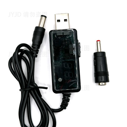 BackupMyFilesNow USB Boost Converter cable showing DC 5V to 12V step-up converter with 3.5x1.35mm connector, for power supply.