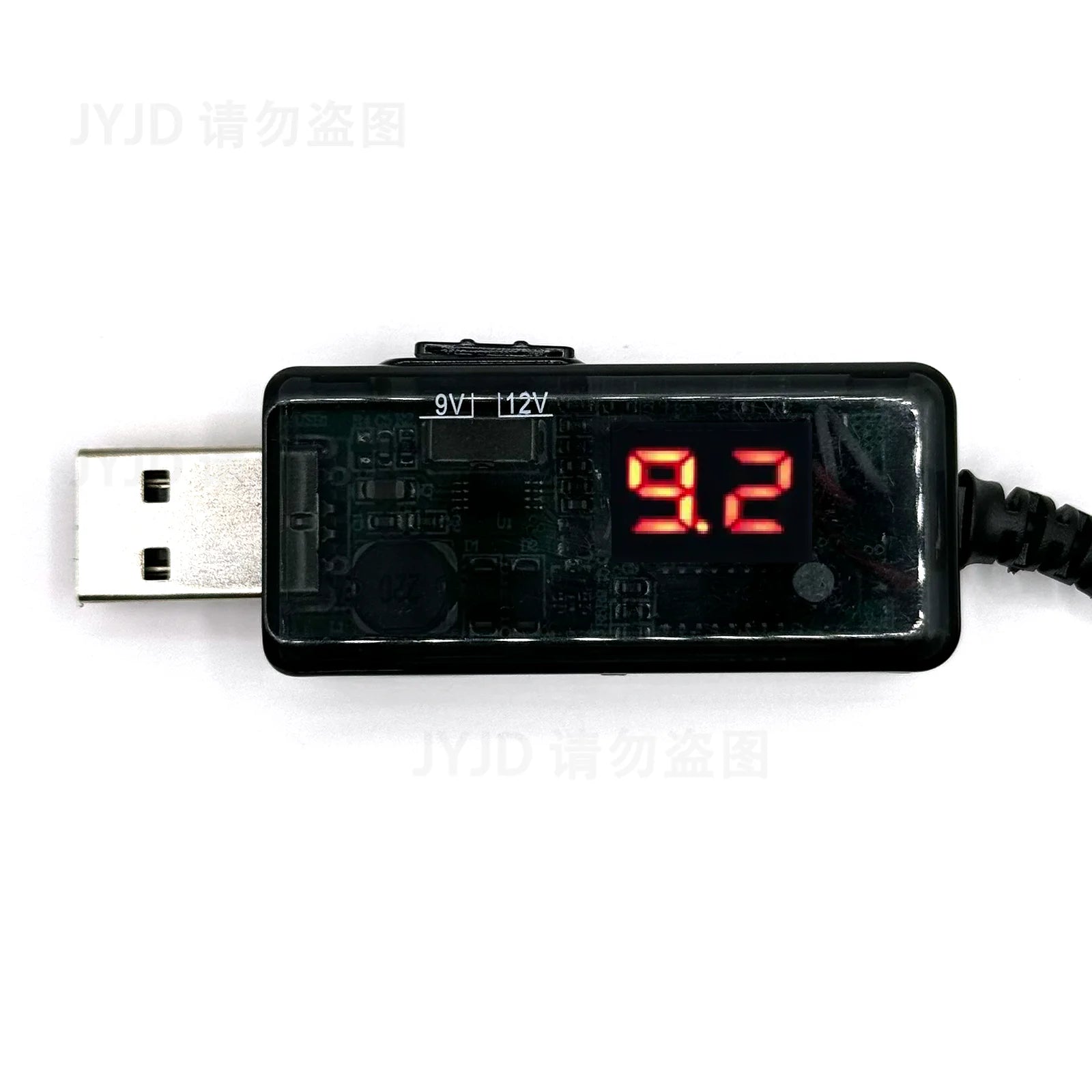 BackupMyFilesNow USB boost converter cable, black, with 3.5x1.35mm connector, steps up DC voltage from 5V to 9V or 12V.