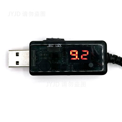 BackupMyFilesNow USB boost converter cable, black, with 3.5x1.35mm connector, steps up DC voltage from 5V to 9V or 12V.