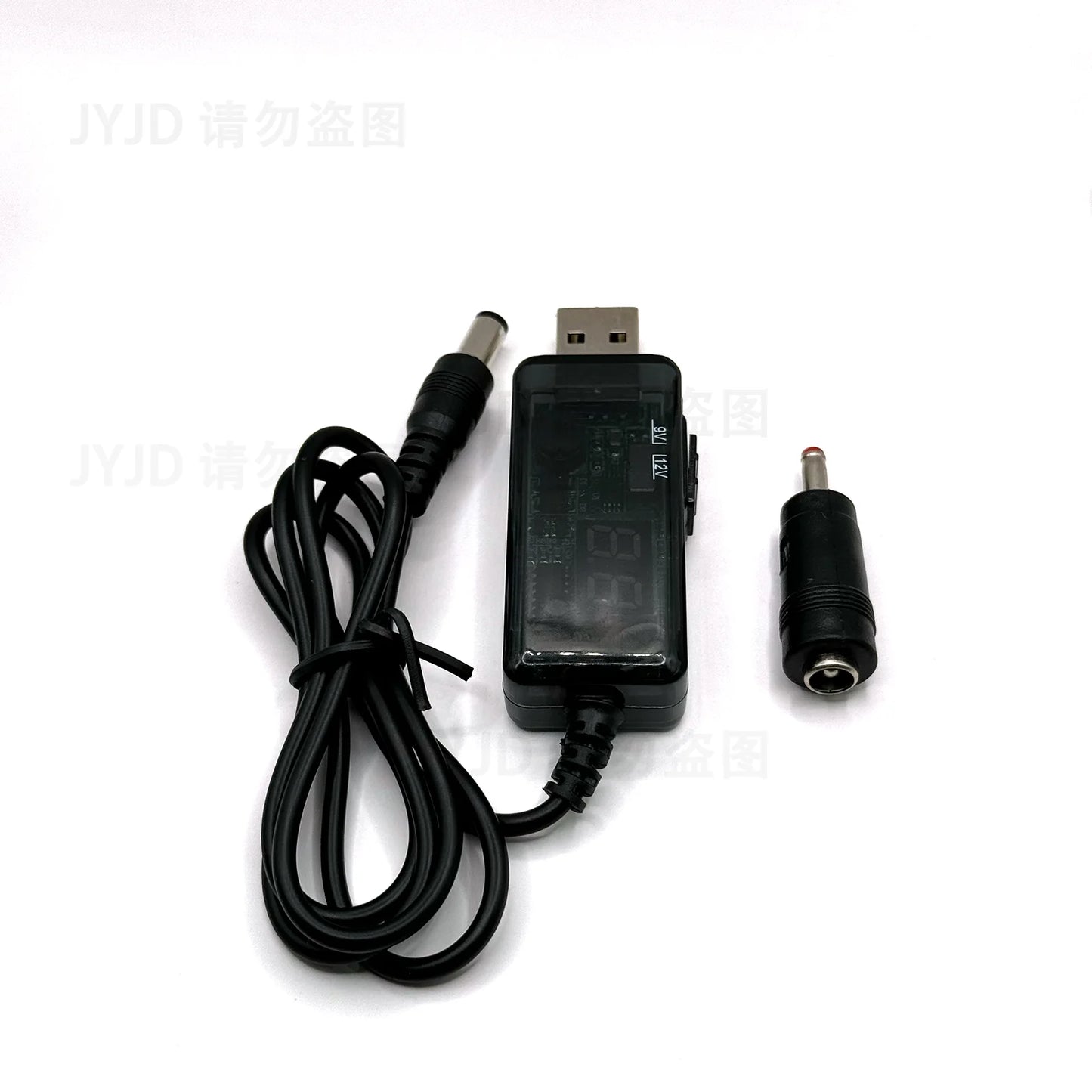 BackupMyFilesNow USB Boost Converter cable showing 5V to 12V step-up power converter with 3.5x1.35mm connector for power supply.
