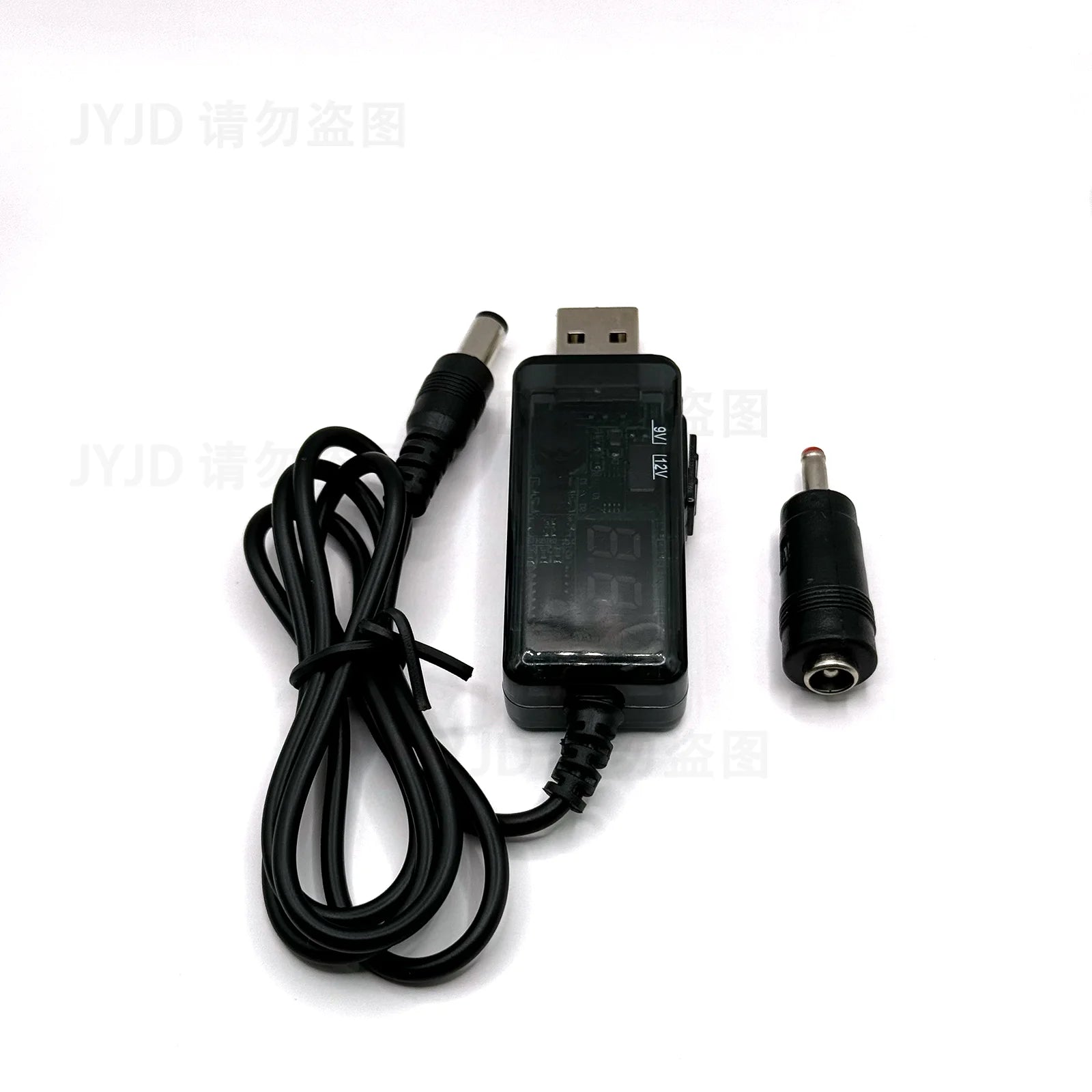 BackupMyFilesNow USB Boost Converter cable showing 5V to 12V step-up power converter with 3.5x1.35mm connector for power supply.