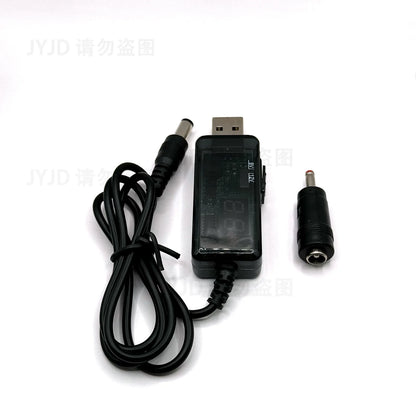 BackupMyFilesNow USB Boost Converter cable showing 5V to 12V step-up power converter with 3.5x1.35mm connector for power supply.