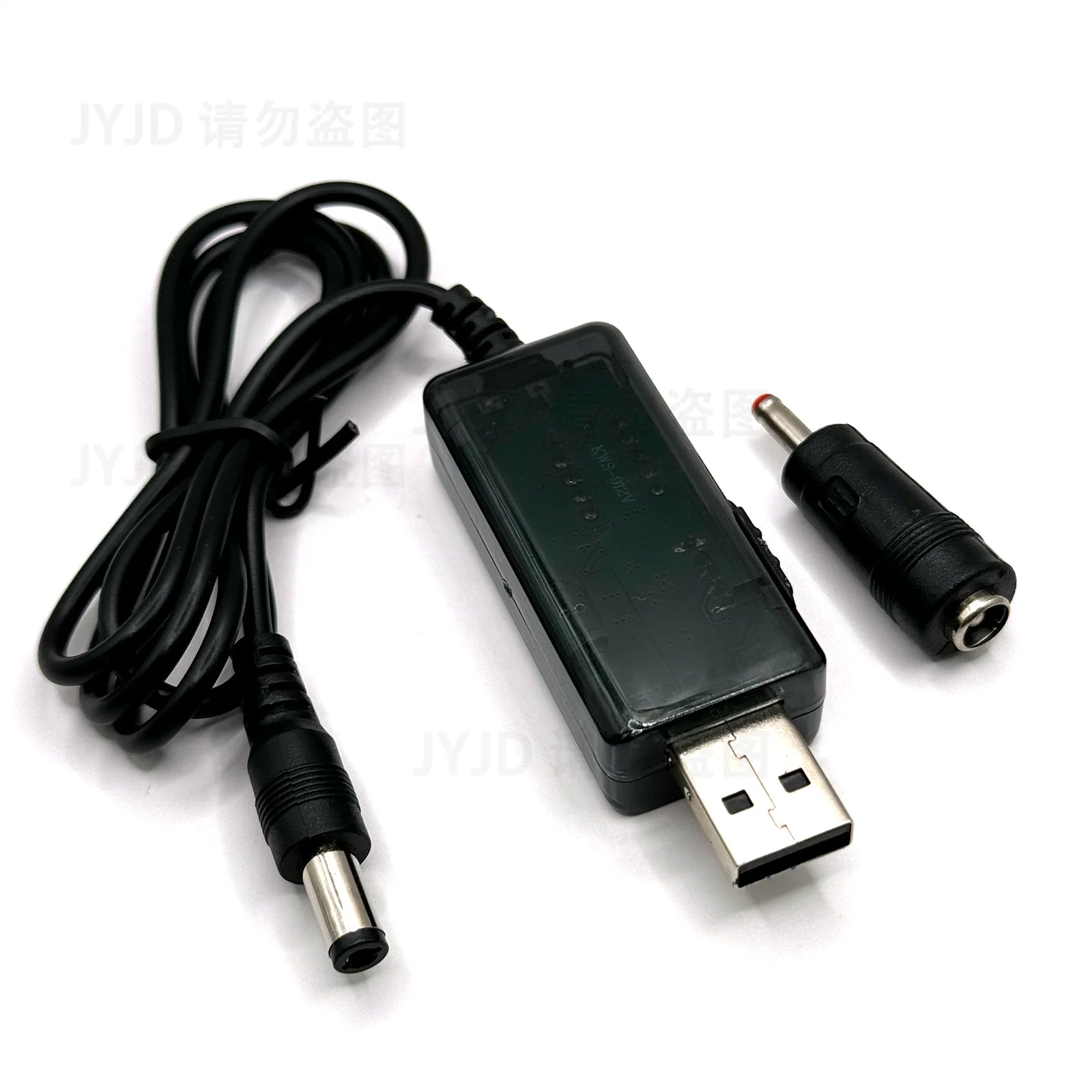 Black USB boost converter cable from BackupMyFilesNow.com, steps up DC 5V to 9V or 12V, with 3.5x1.35mm connector for power supply.