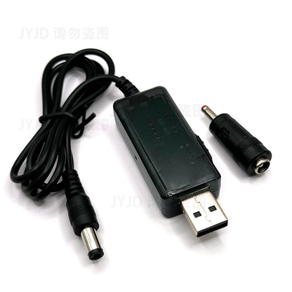 Black USB boost converter cable from BackupMyFilesNow.com, steps up DC 5V to 9V or 12V, with 3.5x1.35mm connector for power supply.
