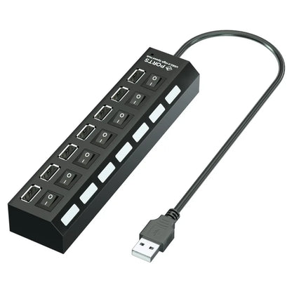 Black 7-port USB hub by BackupMyFilesNow.com with on/off switch, compatible with PC, laptop, and MacBook accessories.