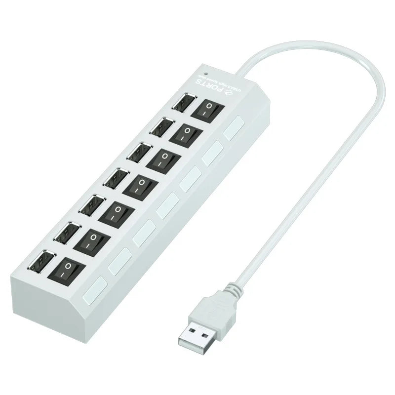 Black 7-port USB hub by BackupMyFilesNow.com, multi-USB splitter with on/off switches for PC, laptop, and MacBook accessories.