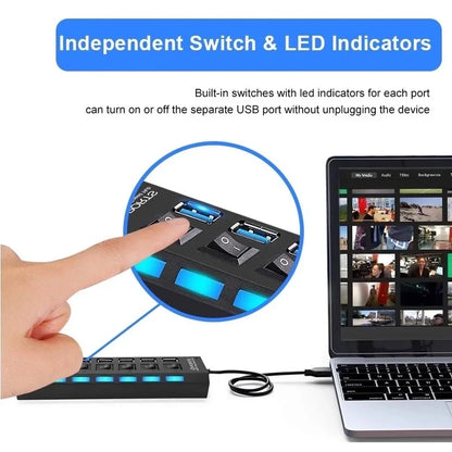 Black BackupMyFilesNow 7-port USB hub with power adapter, multiple USB splitter, and on/off switch for PC, laptop, and MacBook accessories.