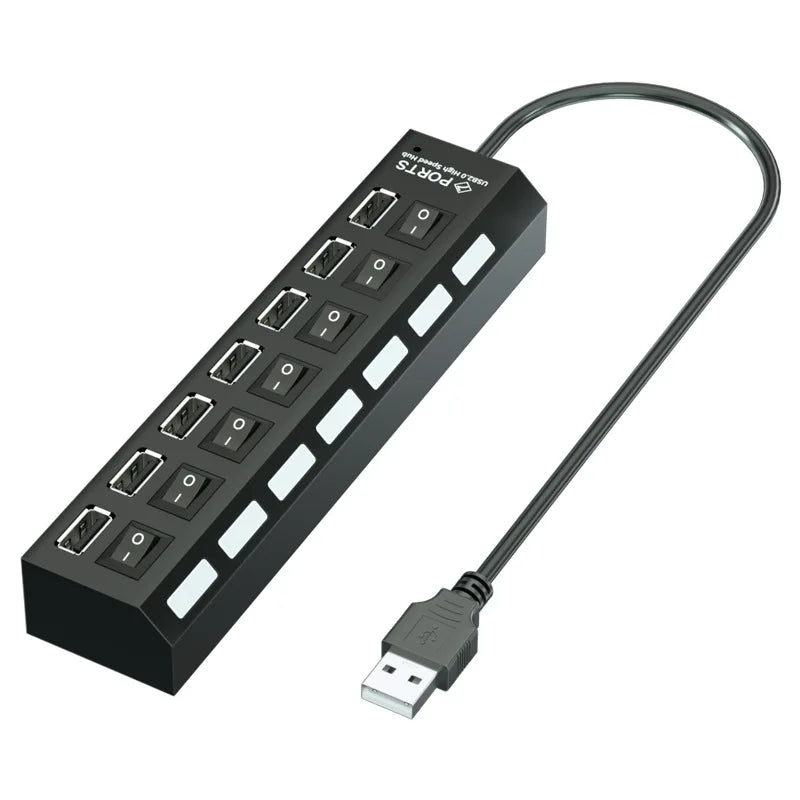 BackupMyFilesNow.com 7-port USB hub with power adapter, on/off switch, ideal for PC, laptop, and MacBook accessories.
