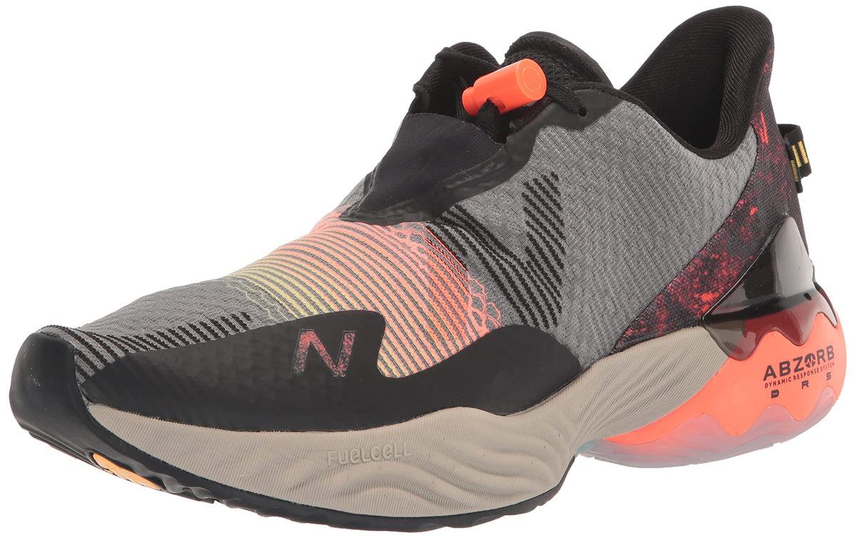 New Balance Men's FuelCell Rebel TR V1 running shoe in black and vibrant orange, size 11, designed for athletic performance.