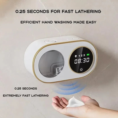 Black wall-mounted automatic soap dispenser with sensor, large capacity, LED indicators, ideal for kitchen cleaning.