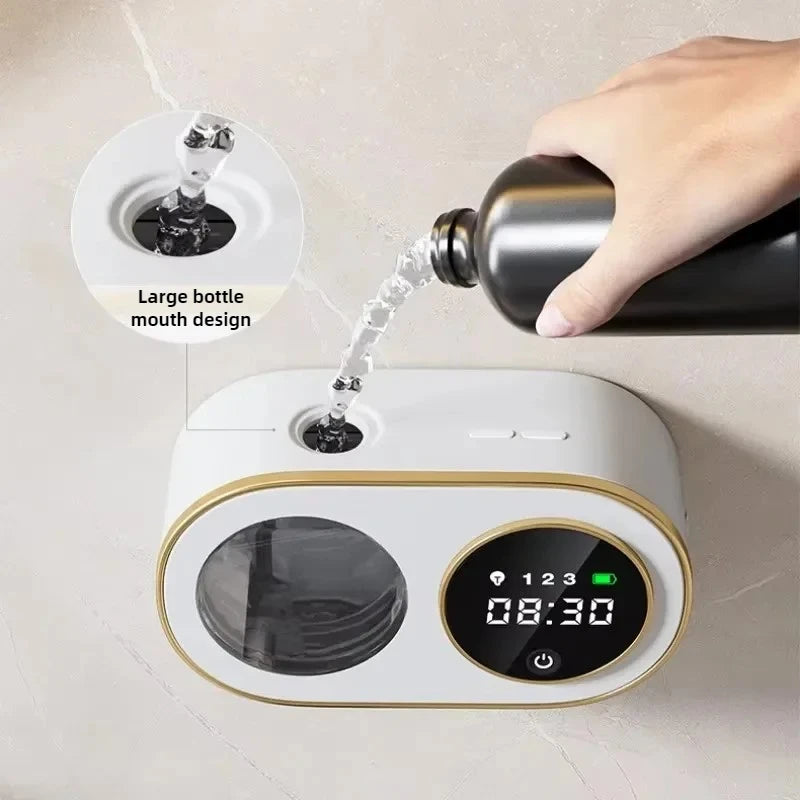 Black wall-mounted automatic soap dispenser with large capacity, non-contact sensor, LED indicator, ideal for kitchen cleaning.
