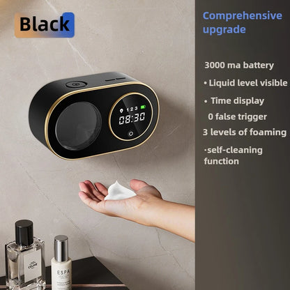 Black wall-mounted automatic soap dispenser with large capacity, rechargeable sensor, LED indicator, ideal for kitchen cleaning.