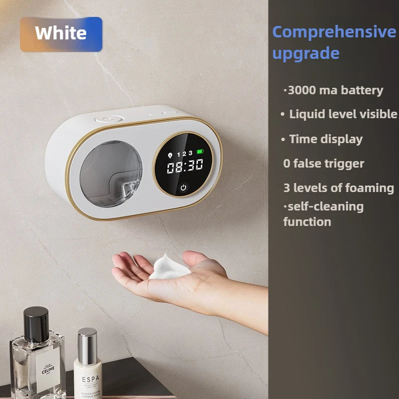 Black wall-mounted automatic soap dispenser with large capacity, rechargeable sensor, LED indicator, ideal for kitchen cleaning.