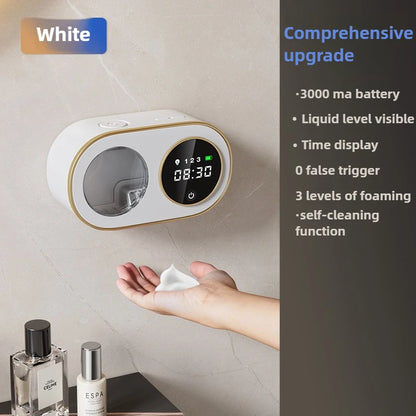 Black wall-mounted automatic soap dispenser with large capacity, rechargeable sensor, LED indicator, ideal for kitchen cleaning.