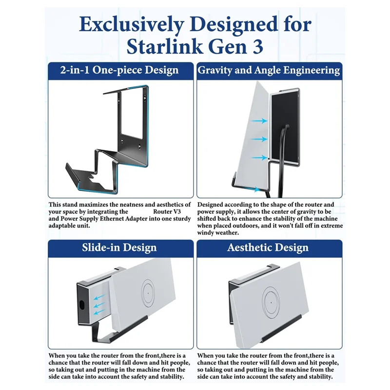 Black metal wall mount kit for Starlink Gen 3 router and mesh router, including power supply, designed for secure mounting.