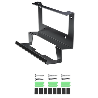 Black metal wall mount kit for Starlink Gen 3 router and mesh router, includes power supply and mounting hardware.