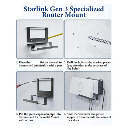 Black WCS Starlink Gen 3 router wall mount kit with mesh router and power supply, made of metal for secure installation.