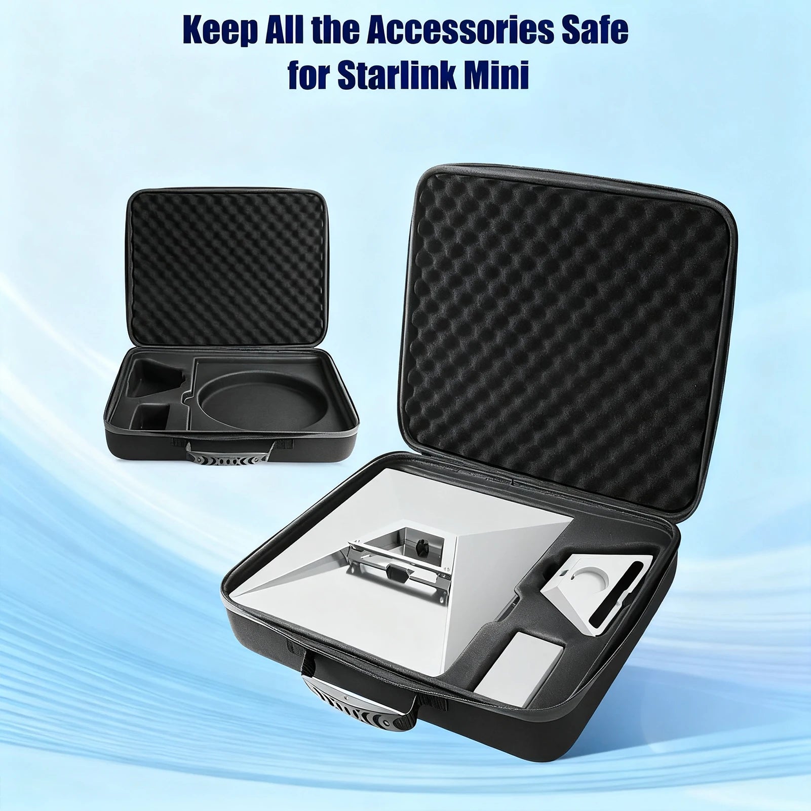 Black weatherproof hard case for Starlink Mini with foam shockproof interior, designed for portable travel storage.
