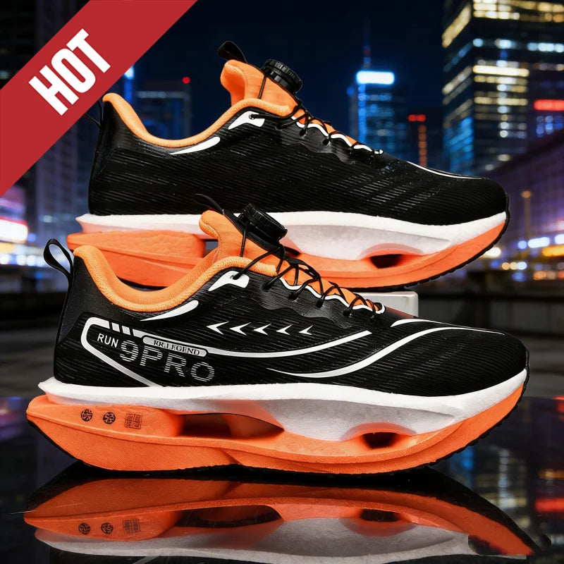 Black and white men's running shoes by BackupMyFilesNow.com, breathable lightweight athletic sneakers with nonskid soles.