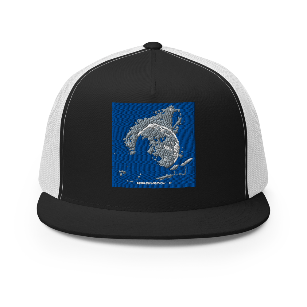 Black and white 5-panel trucker cap by Yupoong 6006 with adjustable strap, featuring a classic mesh back and structured front.