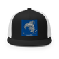 Black and white 5-panel trucker cap by Yupoong 6006 with adjustable strap, featuring a classic mesh back and structured front.