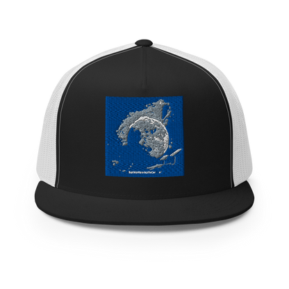 Black and white 5-panel trucker cap by Yupoong 6006 with adjustable fit and mesh back for breathability.