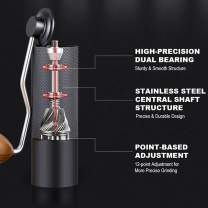 Stainless steel manual coffee grinder with conical burrs, adjustable settings, compact and portable for fresh coffee brewing.