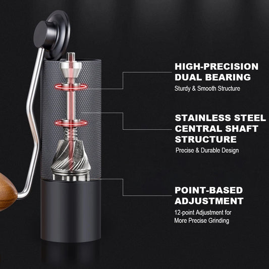 Stainless steel manual coffee grinder with conical burrs, adjustable settings, compact and portable for fresh coffee brewing.