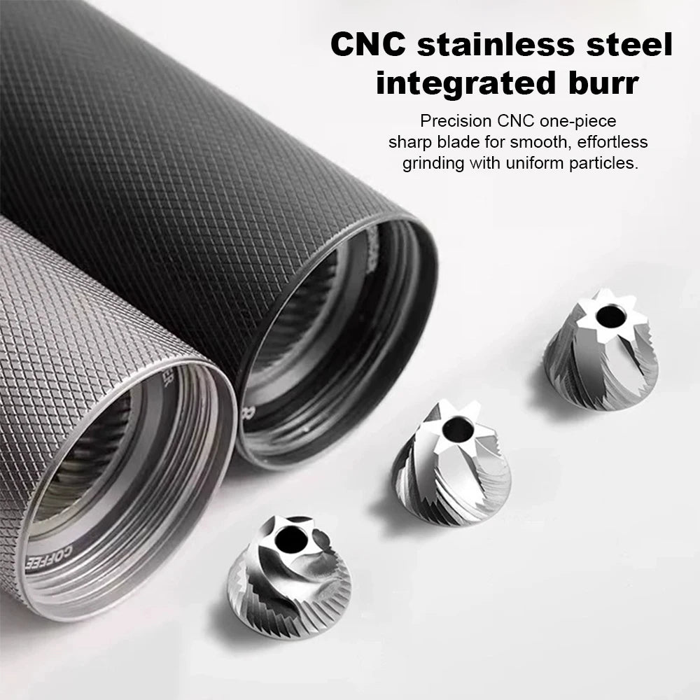 Stainless steel manual coffee grinder with conical burrs, adjustable settings, portable design, ideal for fresh coffee grinding.