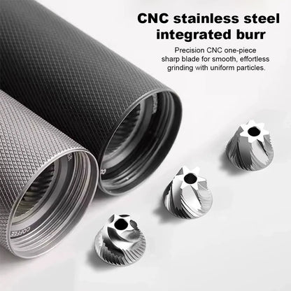 Stainless steel manual coffee grinder with conical burrs, adjustable settings, portable design, ideal for fresh coffee grinding.