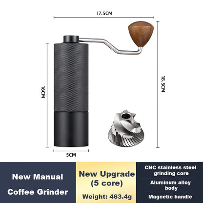 Stainless steel manual coffee grinder with conical burrs, adjustable settings, portable design, perfect for fresh coffee brewing.