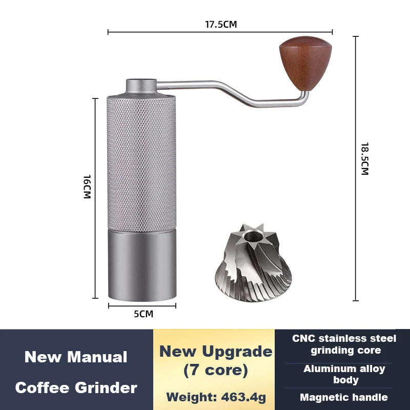 Stainless steel manual coffee grinder with conical burrs, adjustable settings, portable design, ideal for fresh coffee brewing.
