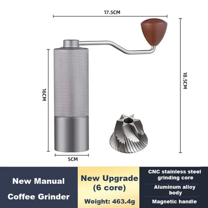 Manual coffee grinder with stainless steel conical burrs, adjustable settings, portable hand grinder in black finish.