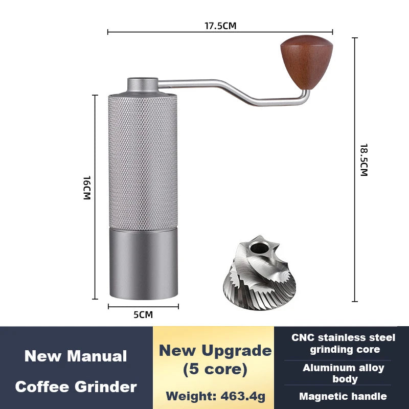 Stainless steel manual coffee grinder with conical burrs, adjustable settings, portable design, perfect for fresh coffee brewing.