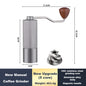Stainless steel manual coffee grinder with conical burrs, adjustable settings, portable design, perfect for fresh coffee brewing.