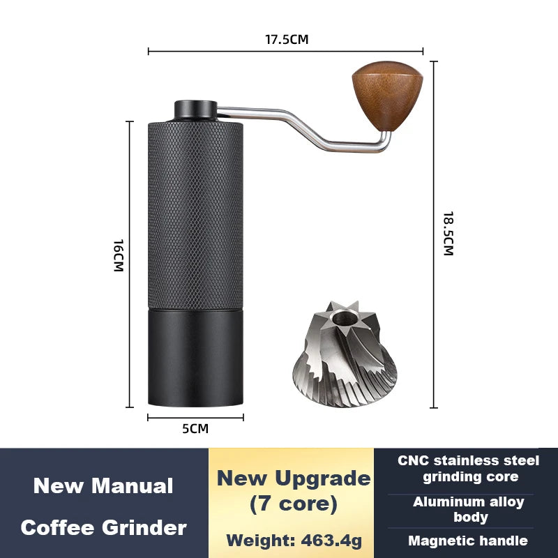 Portable stainless steel manual coffee grinder with conical burrs and adjustable settings for high-quality coffee grinding.